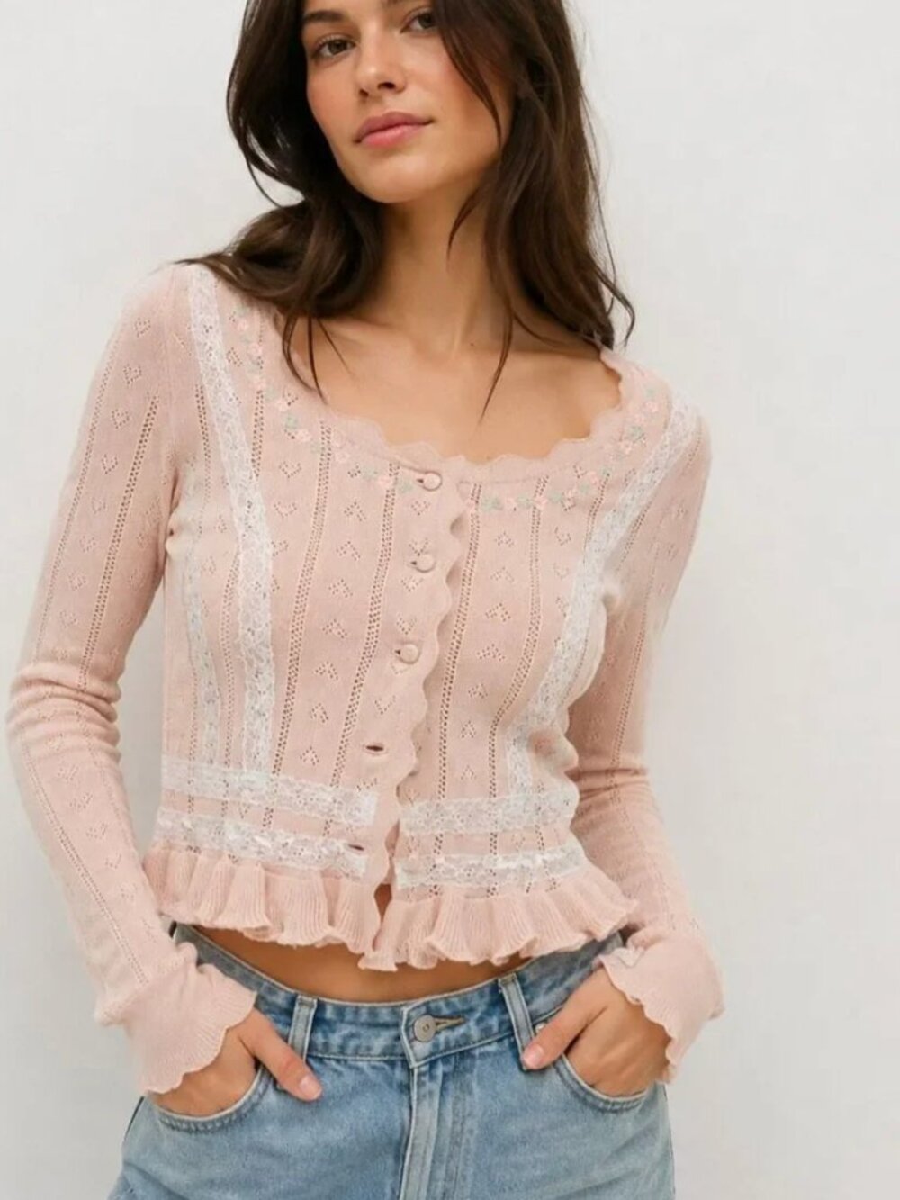 For Love & Lemons Pink Pointelle Cardigan Top S Coquette Floral